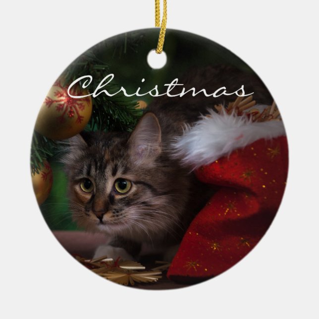 Christmas Kitty Ceramic Ornament (Front)