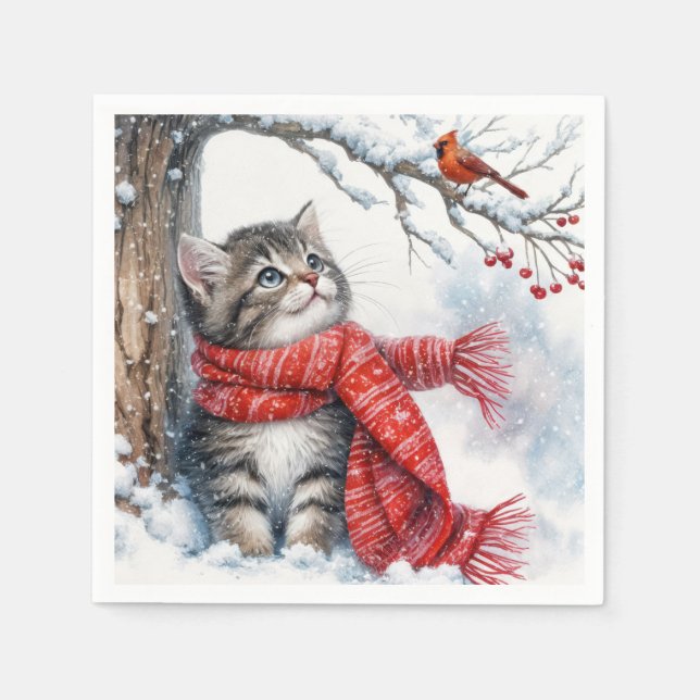 Christmas Kitty Watching a Cardinal Napkin (Front)