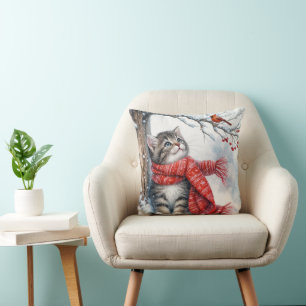 Christmas Kitty Watching a Cardinal Throw Pillow