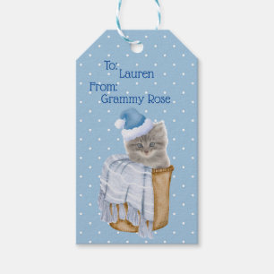 Christmas Kitty With Blue Santa Hat Gift Tag