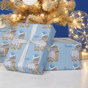 Christmas Kitty With Blue Santa Hat Personalized Wrapping Paper