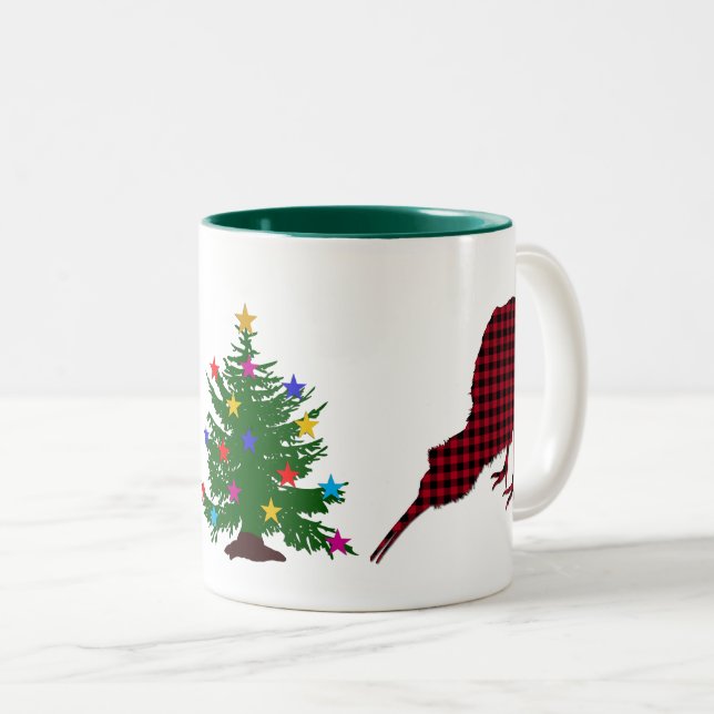Christmas Kiwi Bird Red, Black Buffalo Plaid, Tree Two-Tone Coffee Mug (Front Right)