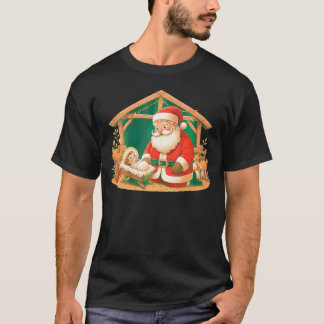 Christmas Kneeling Santa Claus With Baby Jesus     T-Shirt