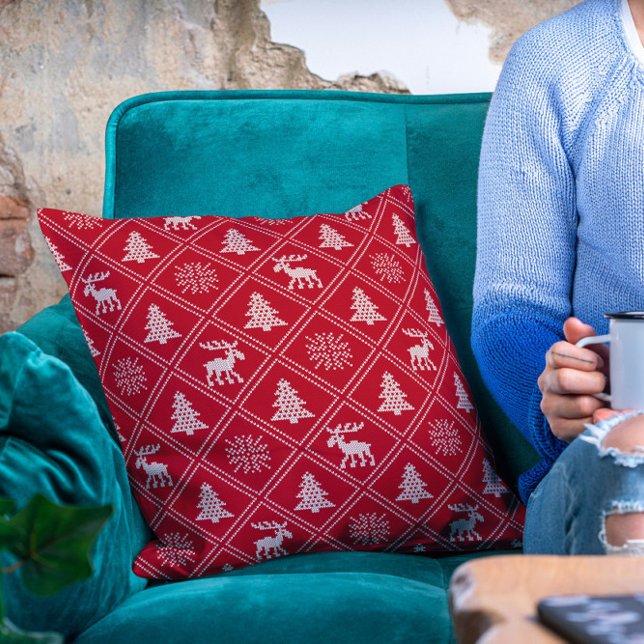 Christmas Knit Moose Tree Red Winter Holidays Throw Pillow (Creator Uploaded)