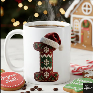 Christmas Knit Sweater Letter I Santa Hat Coffee Mug