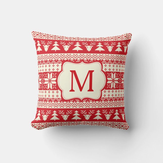 Christmas Knitted Pattern Monogram Initial Throw Pillow (Front)