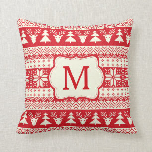 Christmas Knitted Pattern Monogram Initial Throw Pillow
