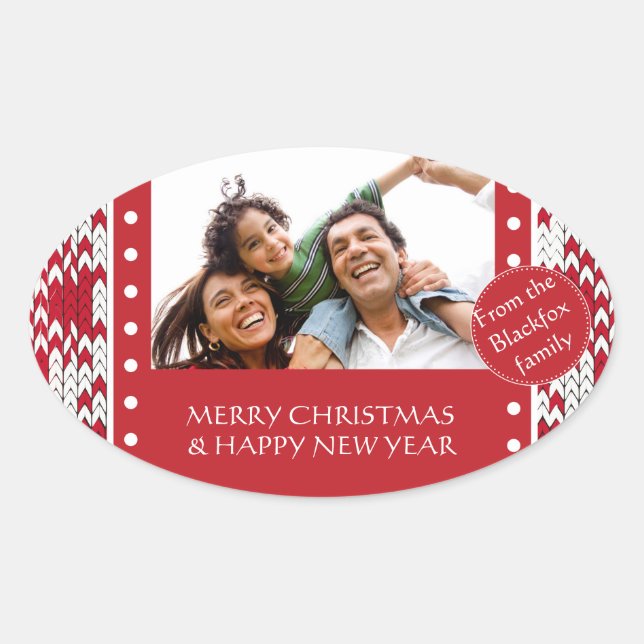 Christmas knitted pattern oval sticker (Front)