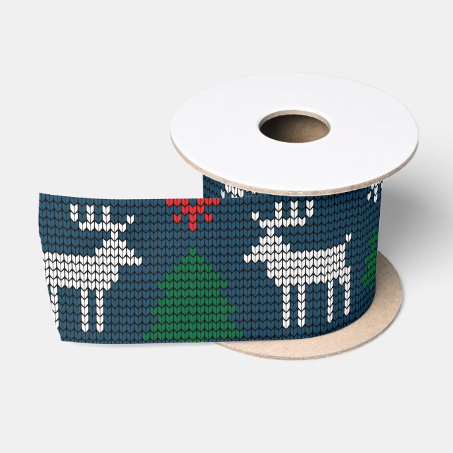 Christmas Knitting Rustic Deer Pine Tree Satin Ribbon (Spool)