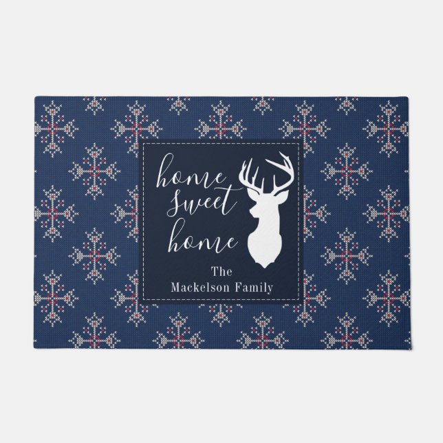 Christmas Knitting Ugly Sweater Pattern Navy Doormat (Front)