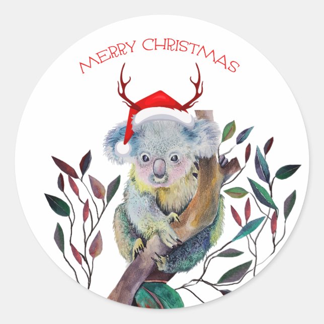 Christmas Koala wearing Santa Hat  Classic Round Sticker (Front)