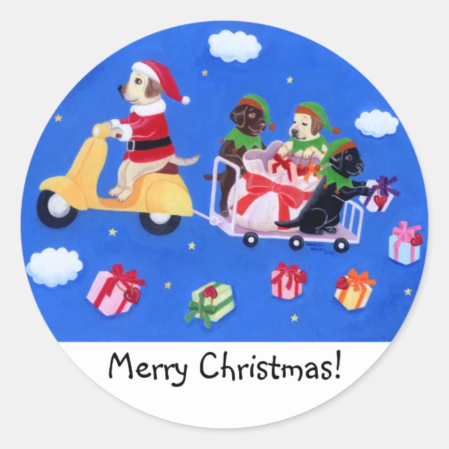Christmas Labrador Delivery Painting Classic Round Sticker (Front)
