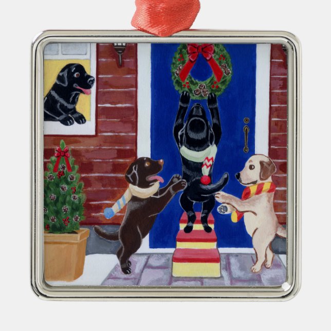 Christmas Labrador Painting Christmas Wreath Metal Ornament (Front)
