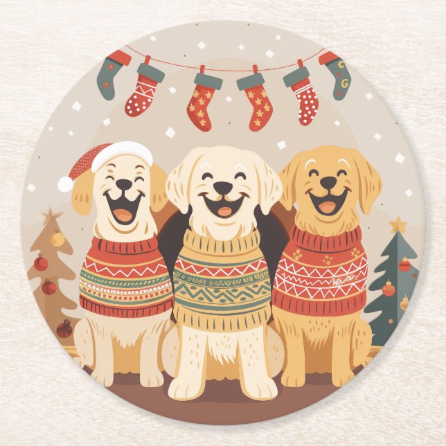 Christmas Labrador Retriever Dogs Round Paper Coaster (Front)