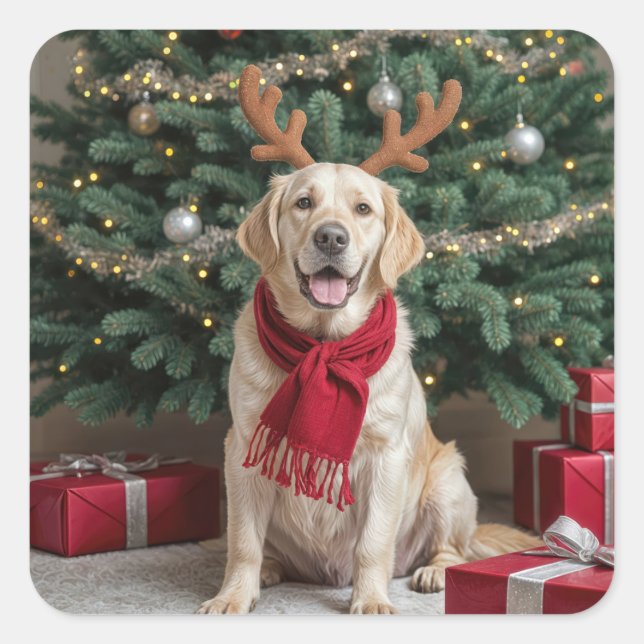 Christmas Labrador Retriever With Antlers Square Sticker (Front)