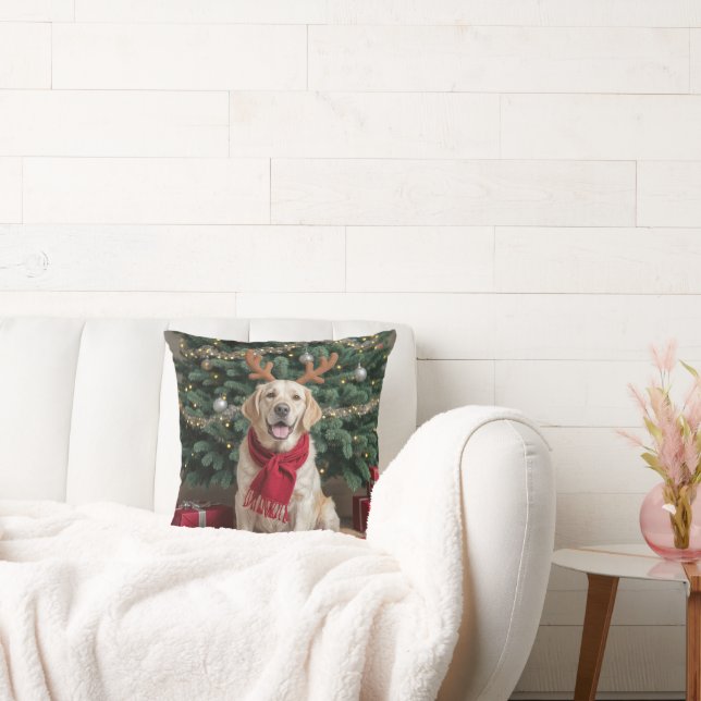 Christmas Labrador Retriever With Antlers Throw Pillow (Couch)