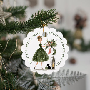 Christmas Lady with Cat Personalized Plaid Holiday Favour Tags