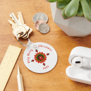 Christmas Ladybug Red Green White Square Keychain