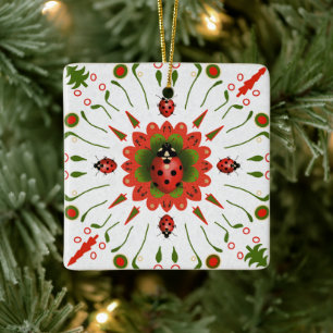 Christmas Ladybug Red White Green Ornament