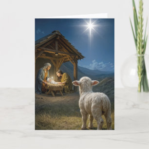 Christmas Lamb Watching the Nativity Scene Card