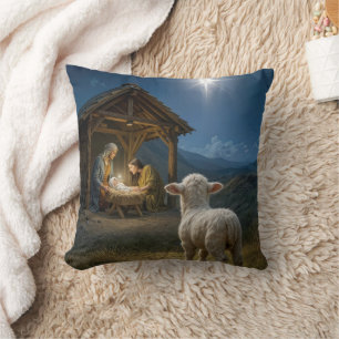 Christmas Lamb Watching the Nativity Scene Throw Pillow