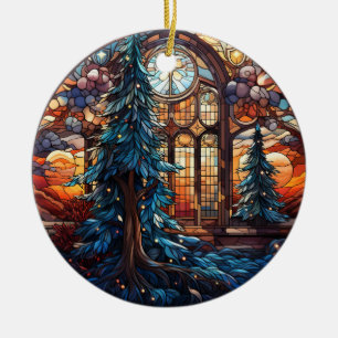 Christmas Landscape stained glass style Ceramic Ornament