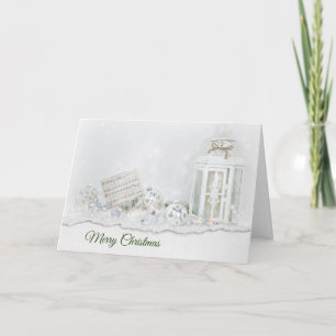 Christmas lantern and ornaments in snow holiday card