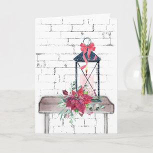 Christmas Lantern and Poinsettia Bouquet  Holiday Card