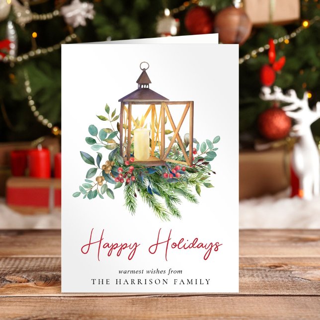 Christmas Lantern Greenery Watercolor Holiday Card (Creator Uploaded)