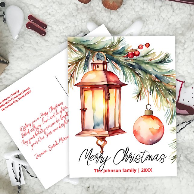 Christmas Lantern Pine Branch and Holly Berries  Holiday Postcard (Creator Uploaded)