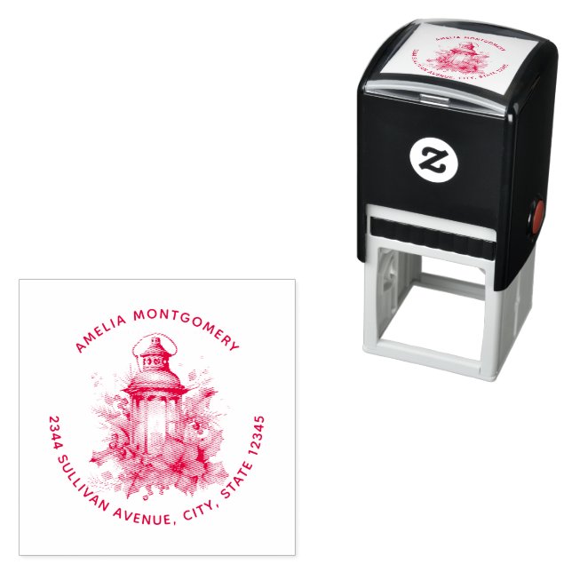 Christmas Lantern Poinsettia and Pine Address Self-inking Stamp (In Situ)