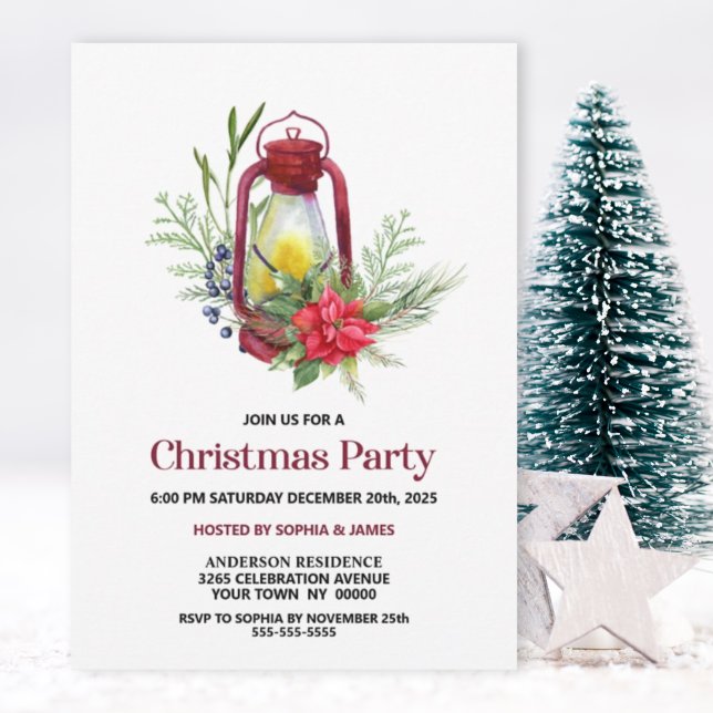Christmas Lantern Red Poinsettia Christmas Party Invitation (Creator Uploaded)