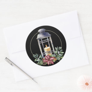 Christmas Lantern with Candle on Black  Classic Round Sticker