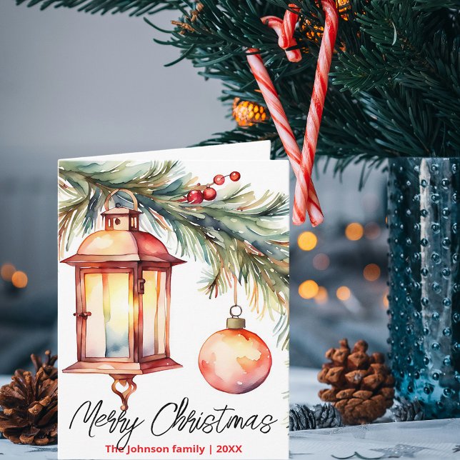 Christmas Lantern with Pine Branch Holly Berries Card (Creator Uploaded)