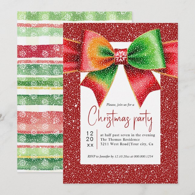 Christmas large red and green bow holiday party invitation (Front/Back)