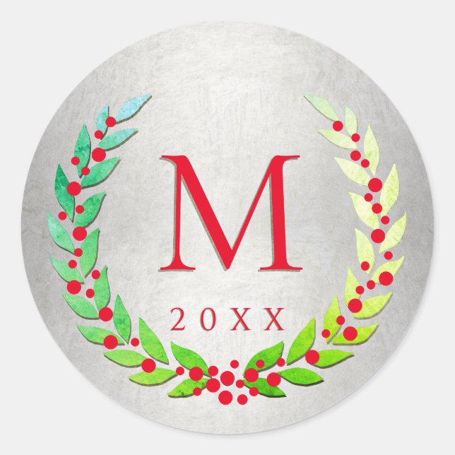 Christmas Laurel Wreath Berries Monogrammed Classic Round Sticker (Front)