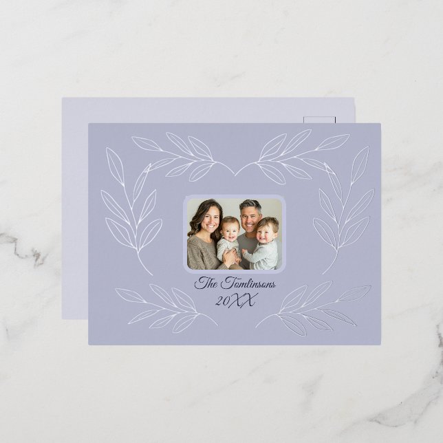 Christmas Leaves Family Photo Personalized Script Foil Holiday Postcard (Front/Back)