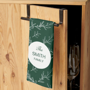 Christmas Leaves Green Pattern Custom Family Name Kitchen Towel