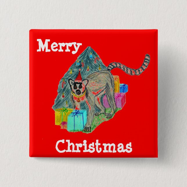 Christmas Lemur 2 Inch Square Button (Front)