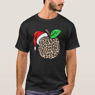 Christmas Leopard Apple Santa Hat Christmas Teache T-Shirt