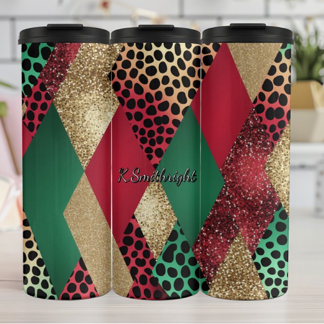 Christmas Leopard Glitter Patchwork Design Thermal Tumbler (Creator Uploaded)