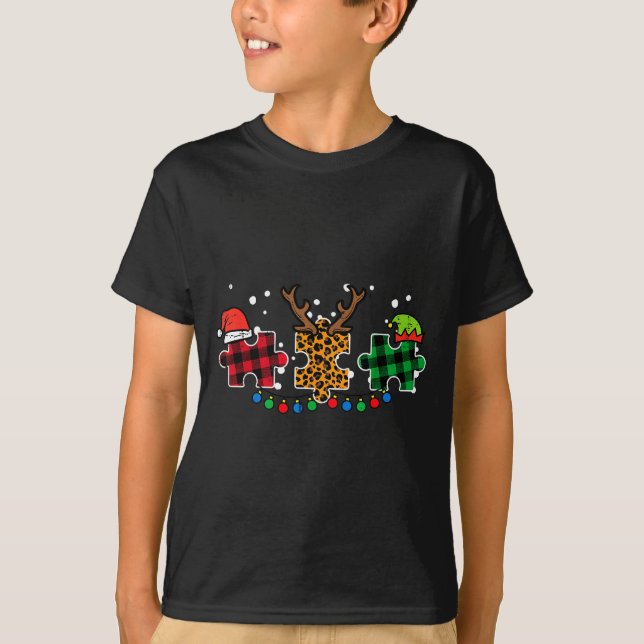 Christmas Leopard Plaid Puzzle Autism Xmas Men Wom T-Shirt (Front)