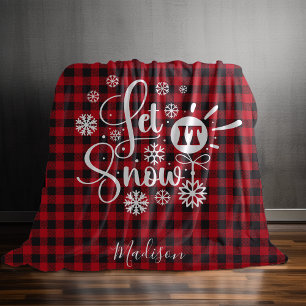 Christmas let it snow red baffalo plaid monogram fleece blanket