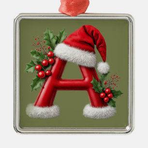 Christmas Letter A Decorated With Santa Hat Metal Ornament