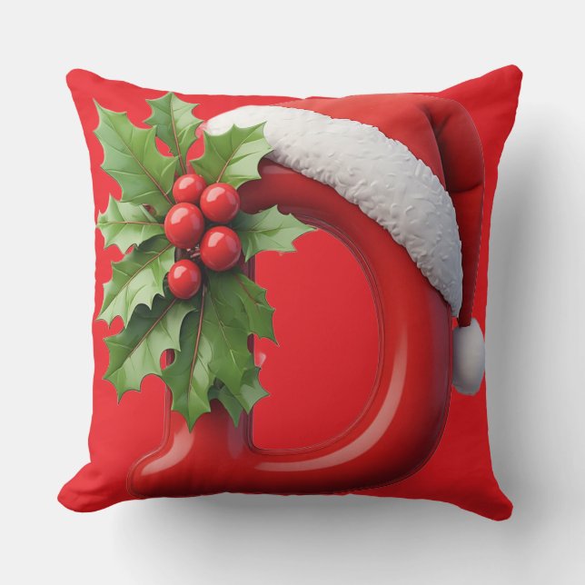 Christmas Letter D Decorated With Santa Hat Throw Pillow (Front)