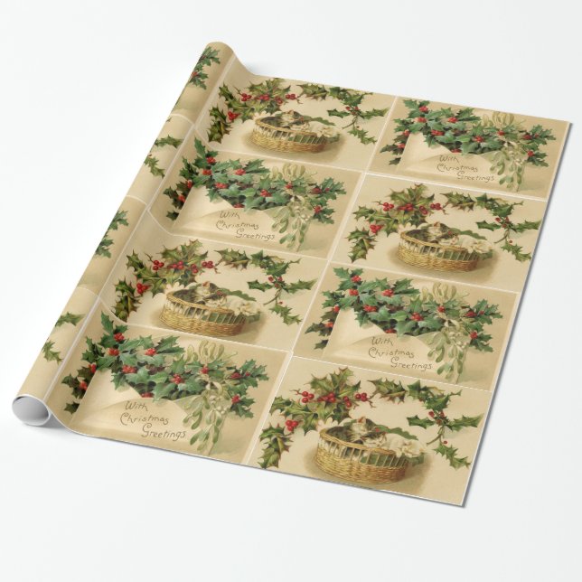 CHRISTMAS LETTER ,HOLLYBERRIES, CHEST WITH KITTENS WRAPPING PAPER (Unrolled)