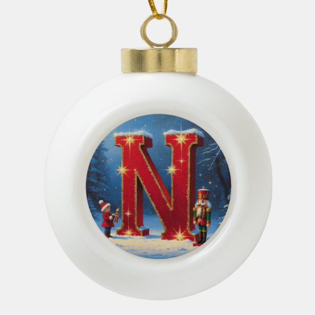 Christmas Letter N Ornament | Red Gold Monogram (Front)