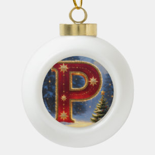 Christmas Letter P Ornament   Red Gold Monogram