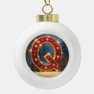 Christmas Letter Q Ornament   Red Gold Monogram