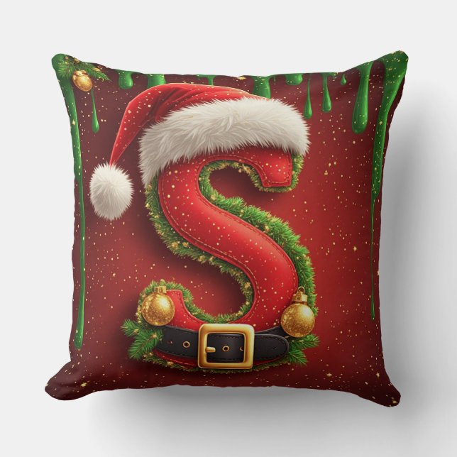 Christmas Letter S with Santa Hat Holiday Gift Throw Pillow (Front)